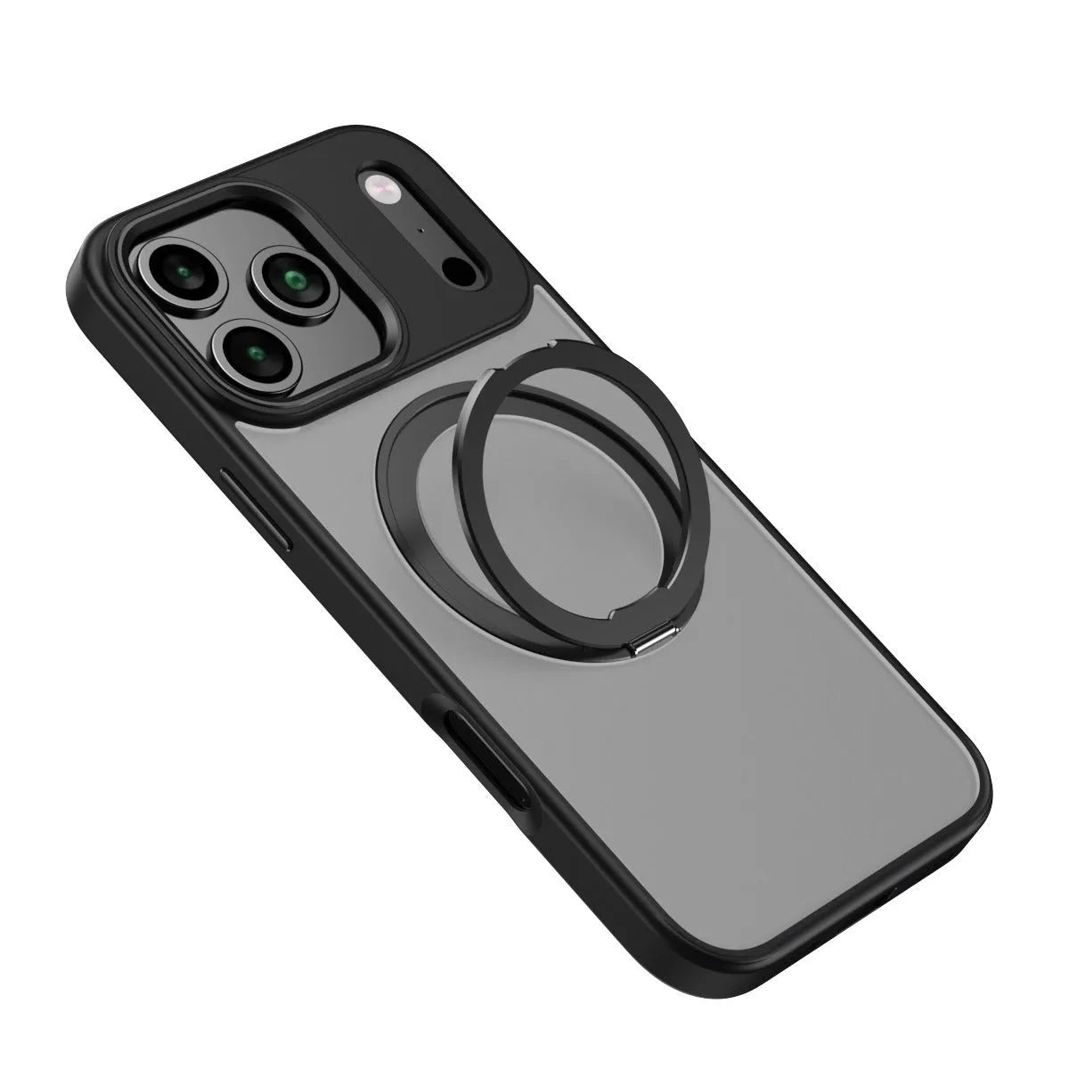 360 rotating bracket magnetic phone case for iPhone 17 Pro Max in black, with bracket extended for hands-free viewing