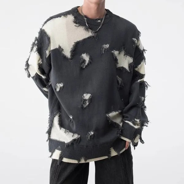 Loose hem irregular hole sweater men cotton blend long sleeve daily wear black brown gray sizes M-3XL