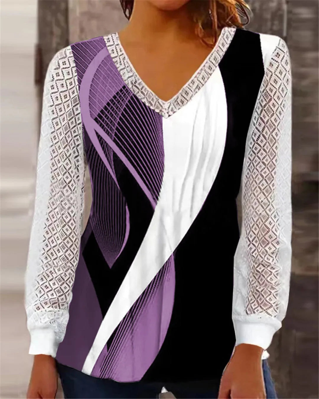 Purple loose fit V-neck women's top with long sleeves and a hollow-out lace print design.