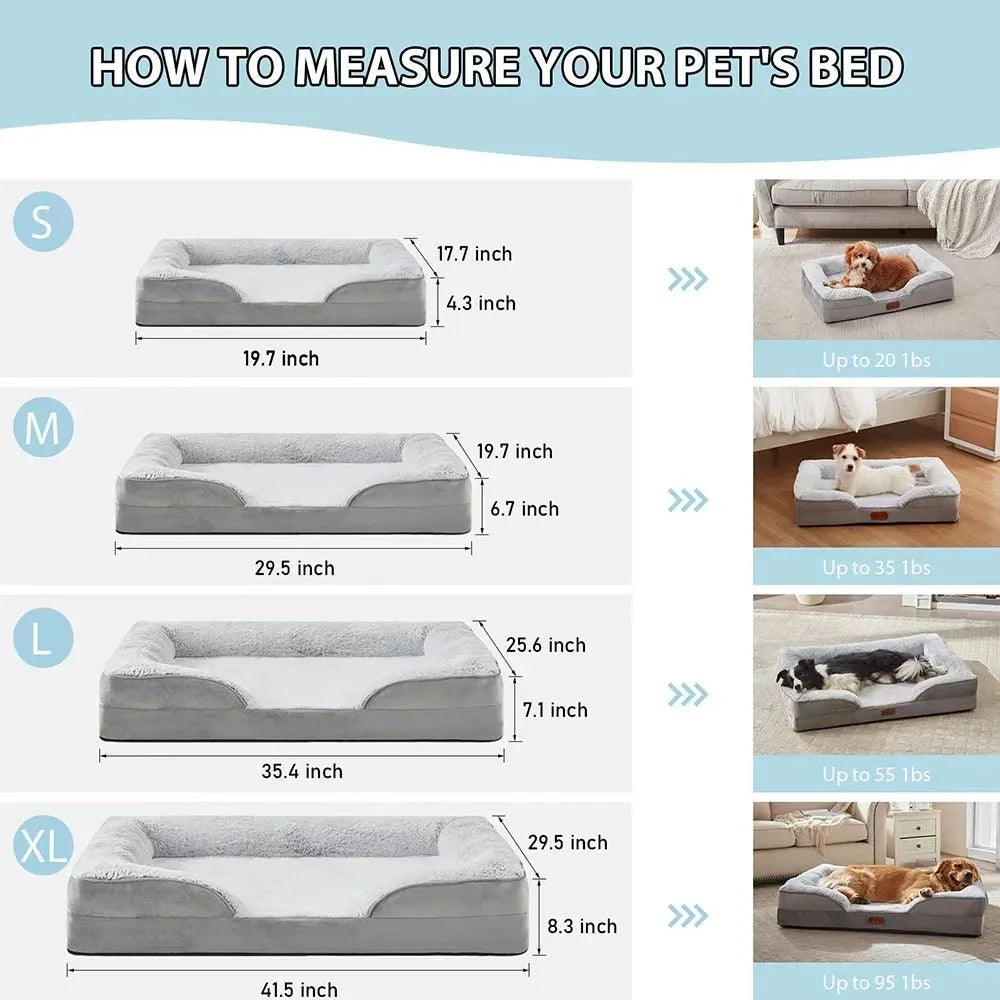 Grey waterproof dog bed with soft fleece lining and raised edges, size L 90x65x16cm