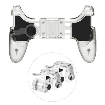 Black wired mobile phone game handle clamped onto a smartphone, showing physical buttons and 3.5mm plug.