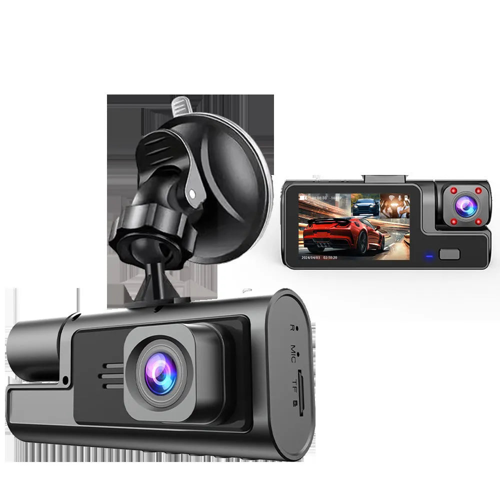 Black Wi-Fi dash cam with 2-inch screen, front lens, and separate rear camera for car reversing.