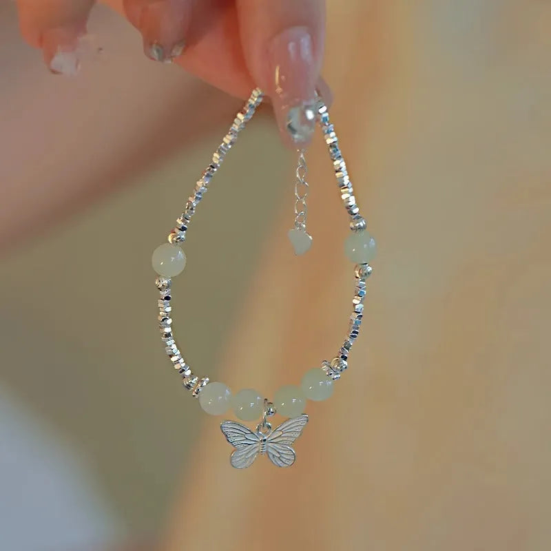 Hetian jade silver butterfly jewellery set for women with bracelet and necklace