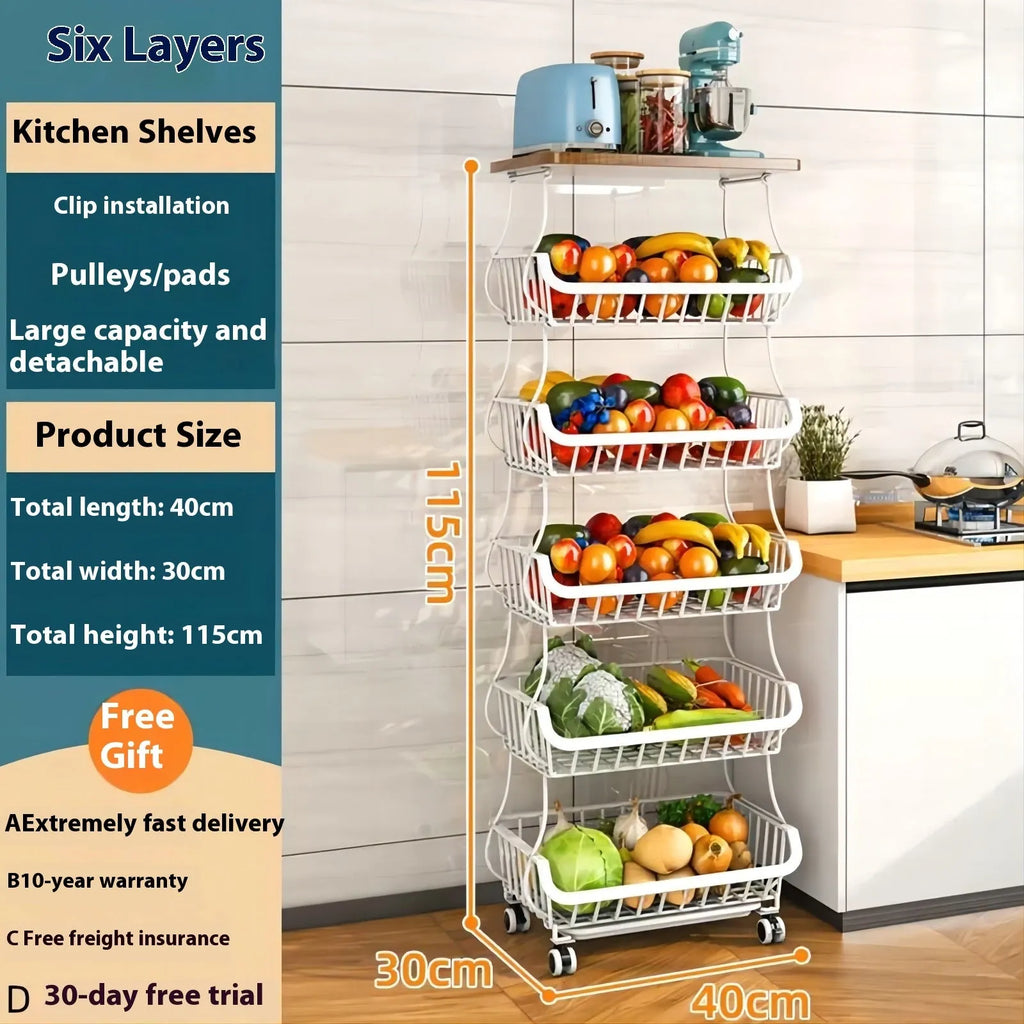 Black six layer kitchen storage trolley with foldable carbon steel frame