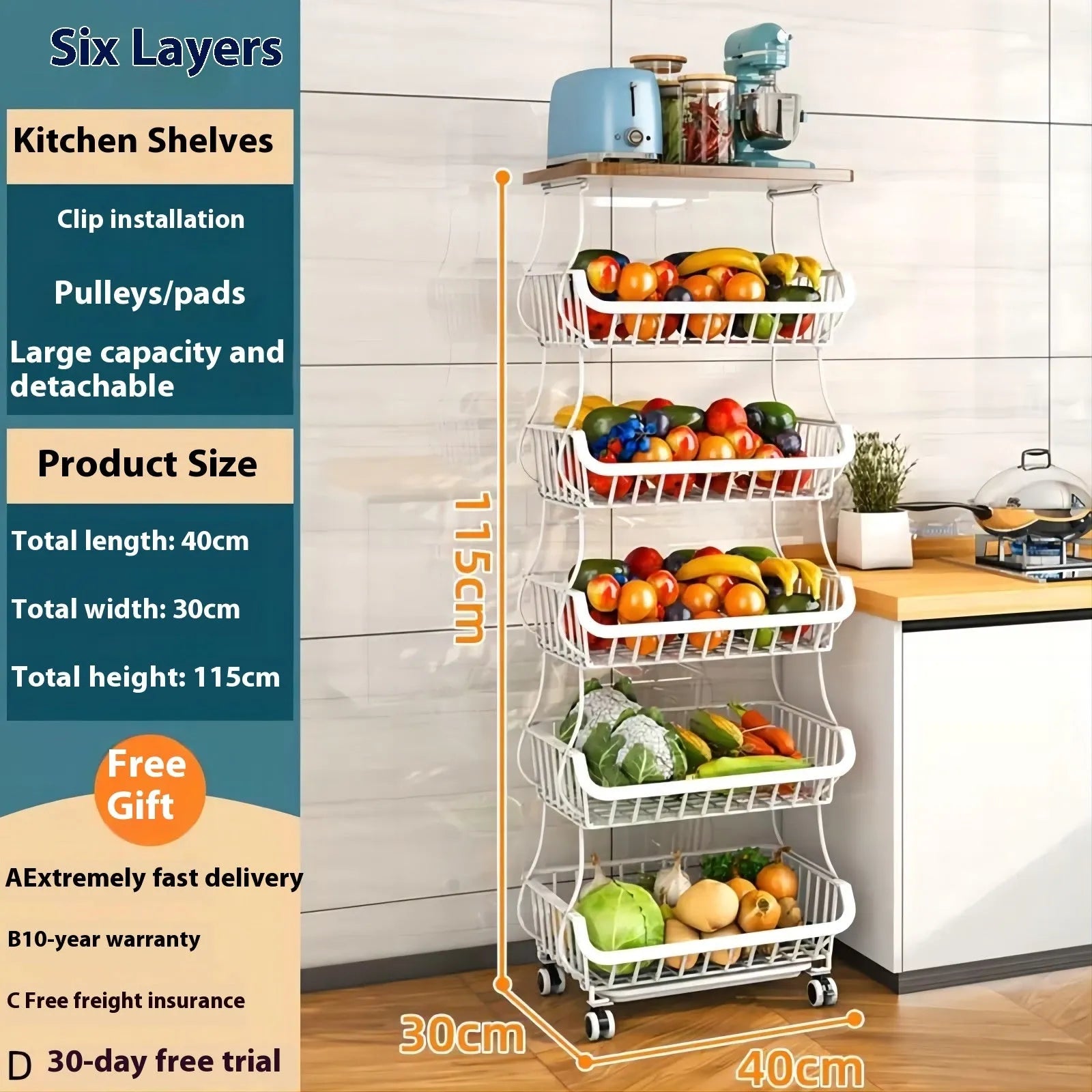 Black six layer kitchen storage trolley with foldable carbon steel frame