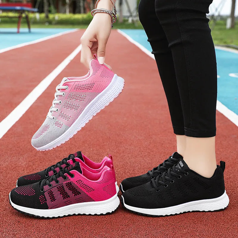 Women's flyknit running shoes with soft sole in black, rose red, or gray pink colours