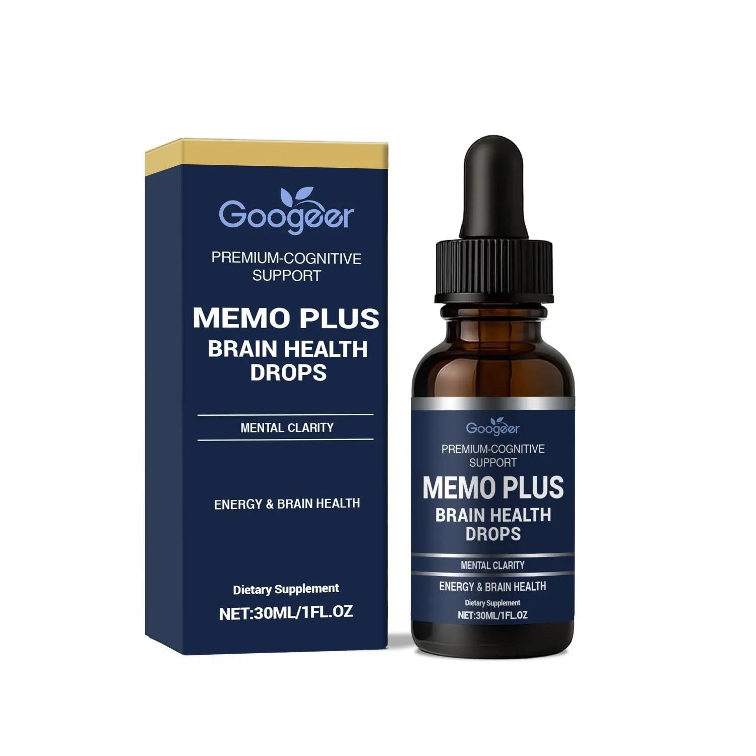 Googeer Brain Health Drops 30ml bottle with dropper, containing herbal liquid supplement for cognitive support