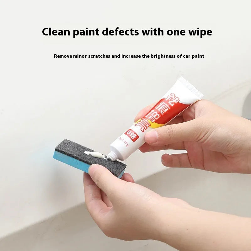Car repair wax kit showing tubes of Grinding A Wax and Brightening B Wax next to a frosted sponge mop on a car bonnet.
