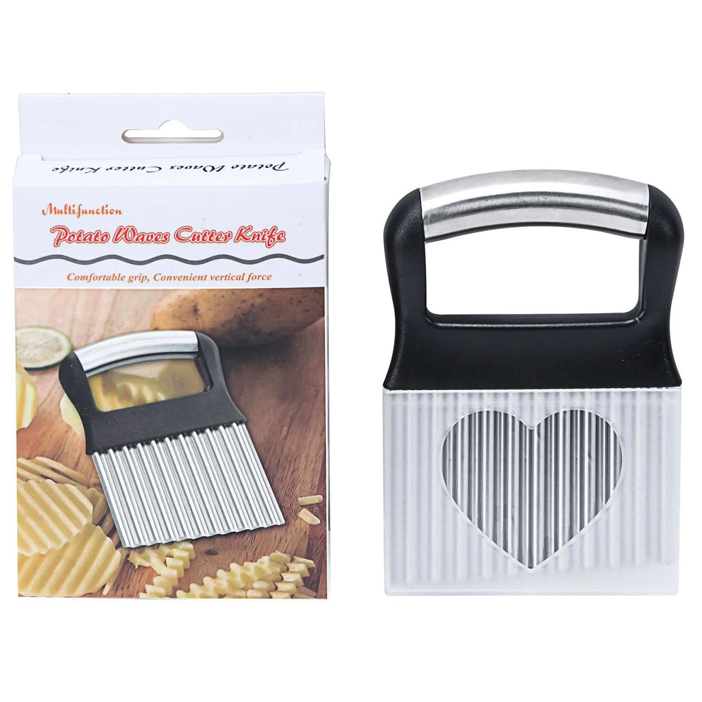 Stainless steel potato wave knife for making crinkle-cut chips on a wooden kitchen surface.