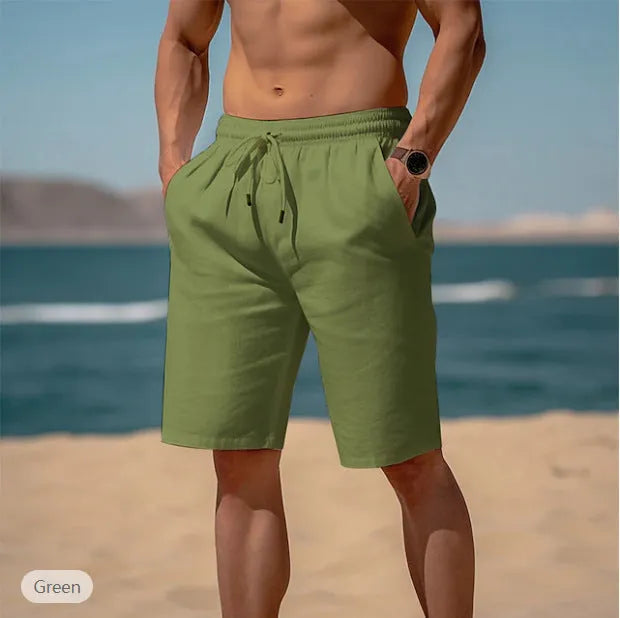 Men's cotton linen drawstring shorts with elastic waist and multiple pockets in solid colour