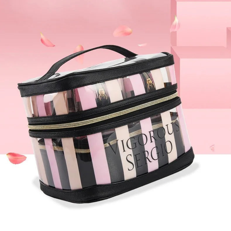Pink bold stripes floral pattern waterproof synthetic leather makeup buggy bag