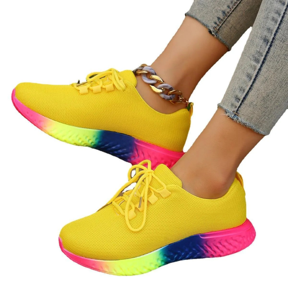 Women's plus-size rainbow low stretch pumps in white, flat heel, round toe, lace-up front, breathable mesh lining