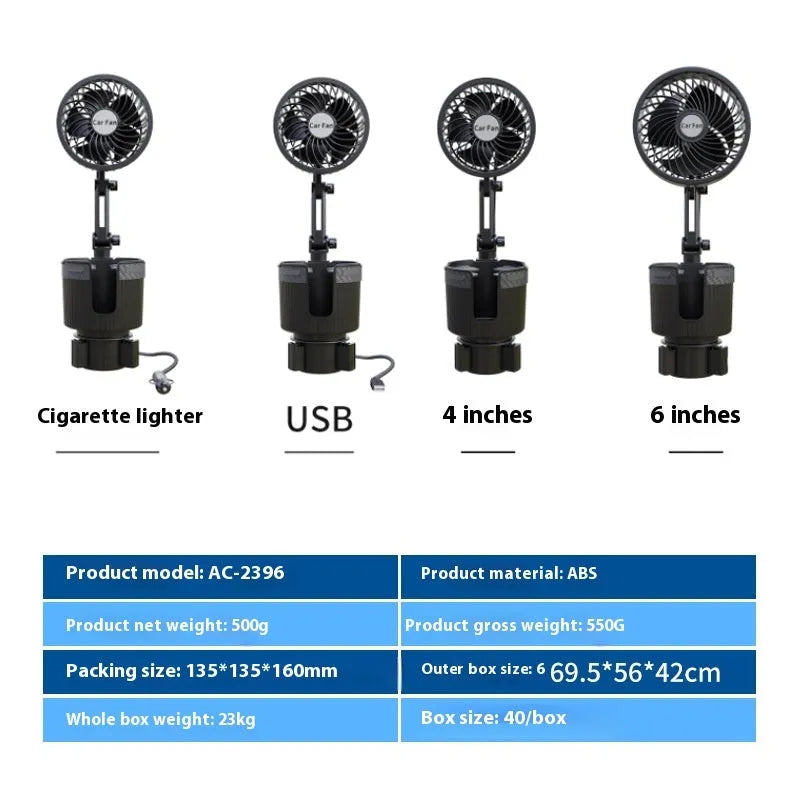 Car water cup holder fan in ABS plastic available in 4-inch and 6-inch sizes with multiple power connection options.