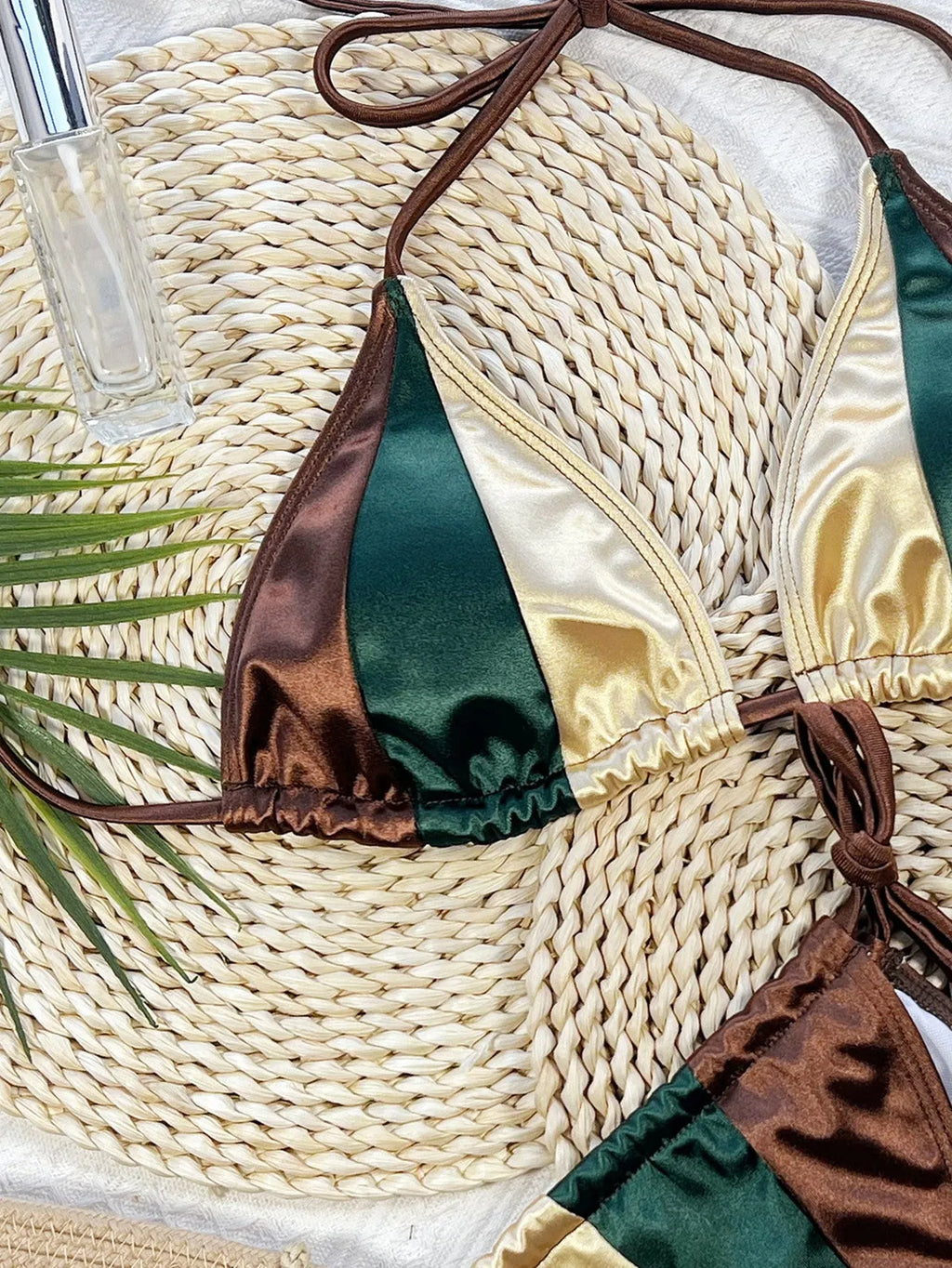 Women's separated bikini multicolour with solid colour stitching, nylon fabric, sizes S M L, triangle top and brief bottoms