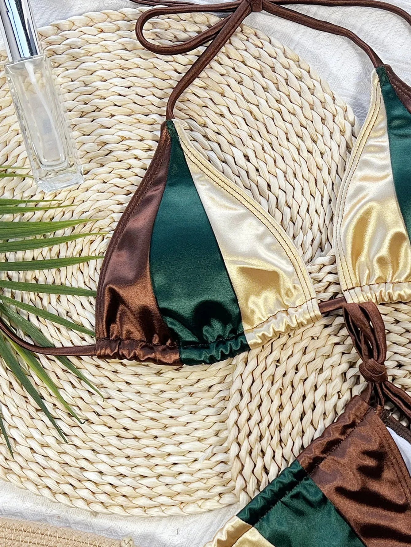 Women's separated bikini multicolour with solid colour stitching, nylon fabric, sizes S M L, triangle top and brief bottoms