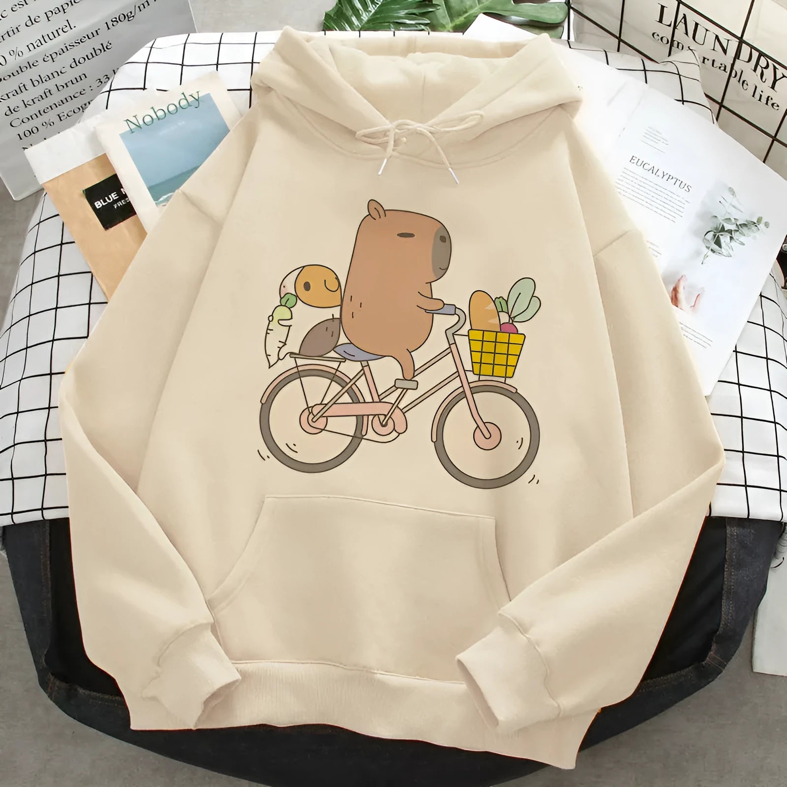 Gray capybara print hoodie for women, loose fit pullover with hood and long sleeves, side seam pocket