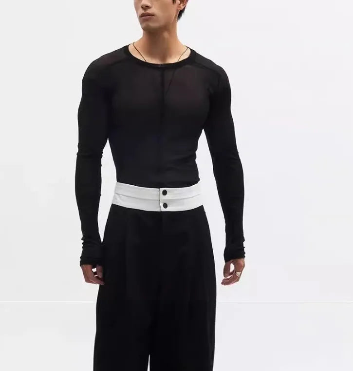 Black mesh see-through texture slim-fit long sleeve PU pullover top with round collar.