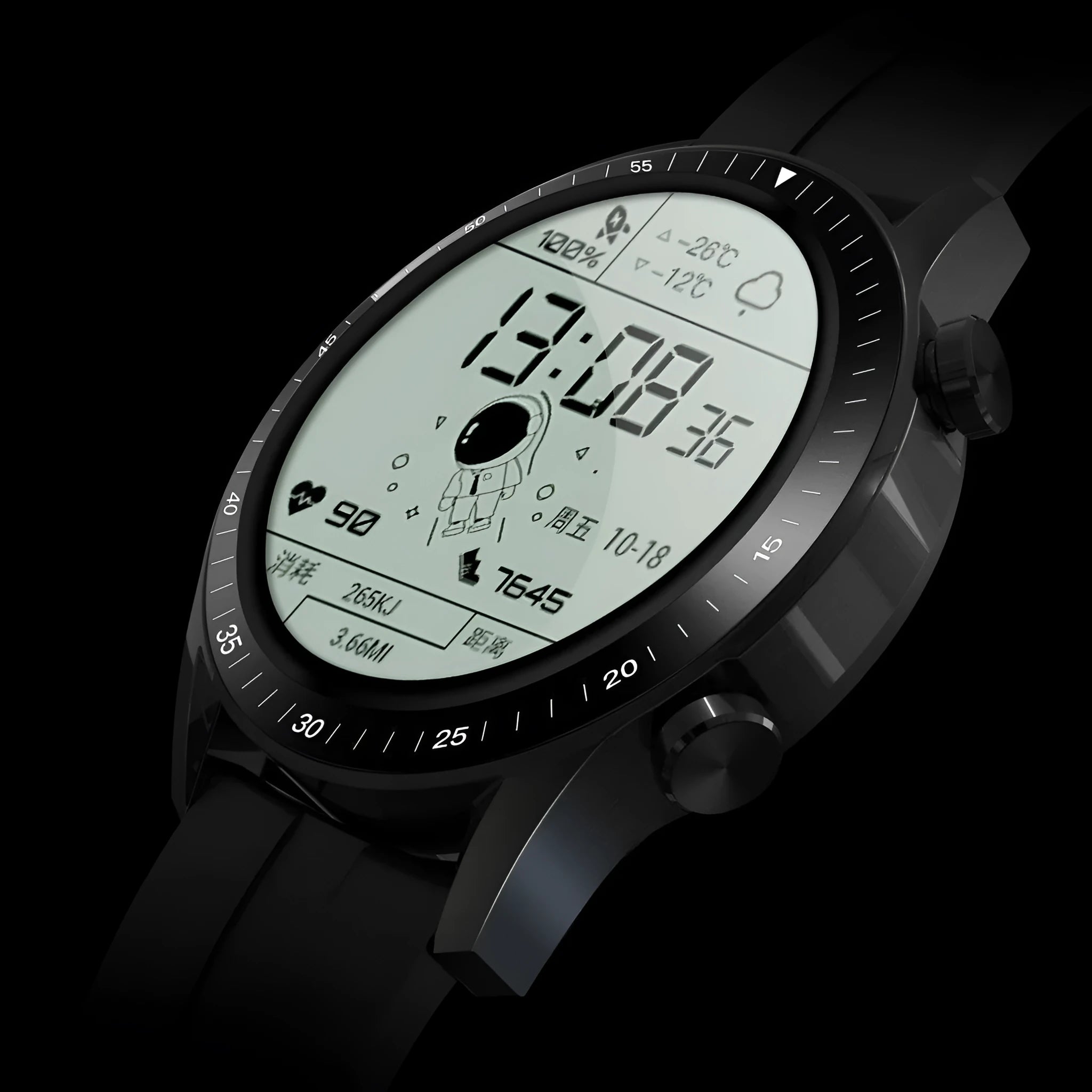 Round smartwatch with Bluetooth calling on wrist, showing black aluminium alloy case and touchscreen display