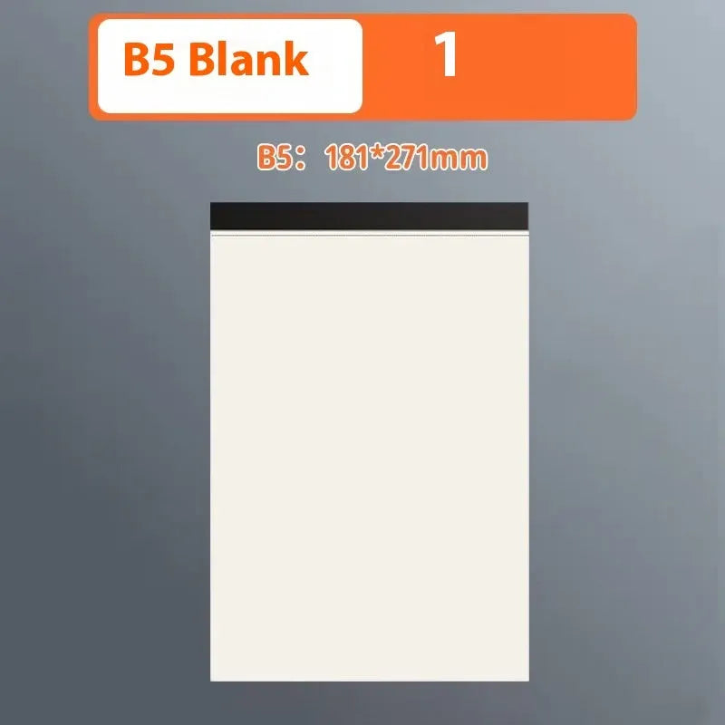 Set of A5, B5 and A4 writing pads showing blank, grid and horizontal line page styles.