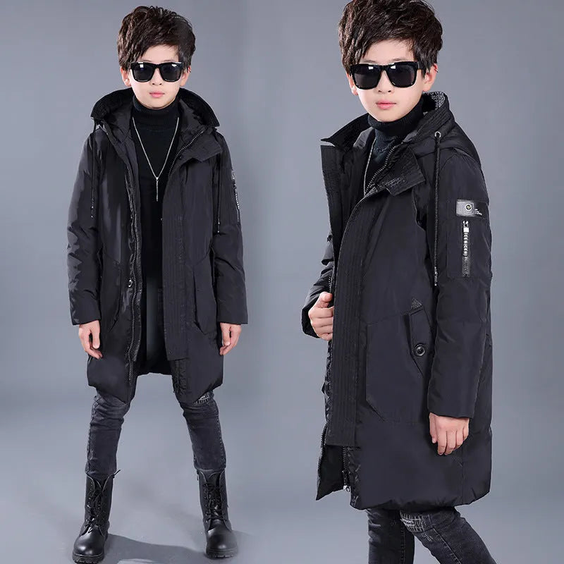 Boys mid-length hooded white duck down jacket in red, grey, black, khaki on memory cloth fabric with zipper closure