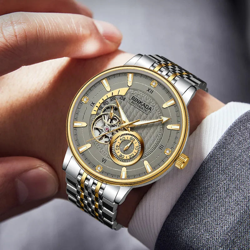 Men's full-automatic mechanical watch with gold and white dial, 9mm thick, business style