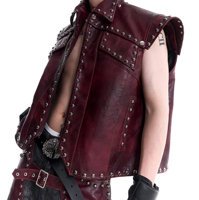 Special-interest leather vest coat set with heavy industry rivets, red top and matching trousers, lapel collar