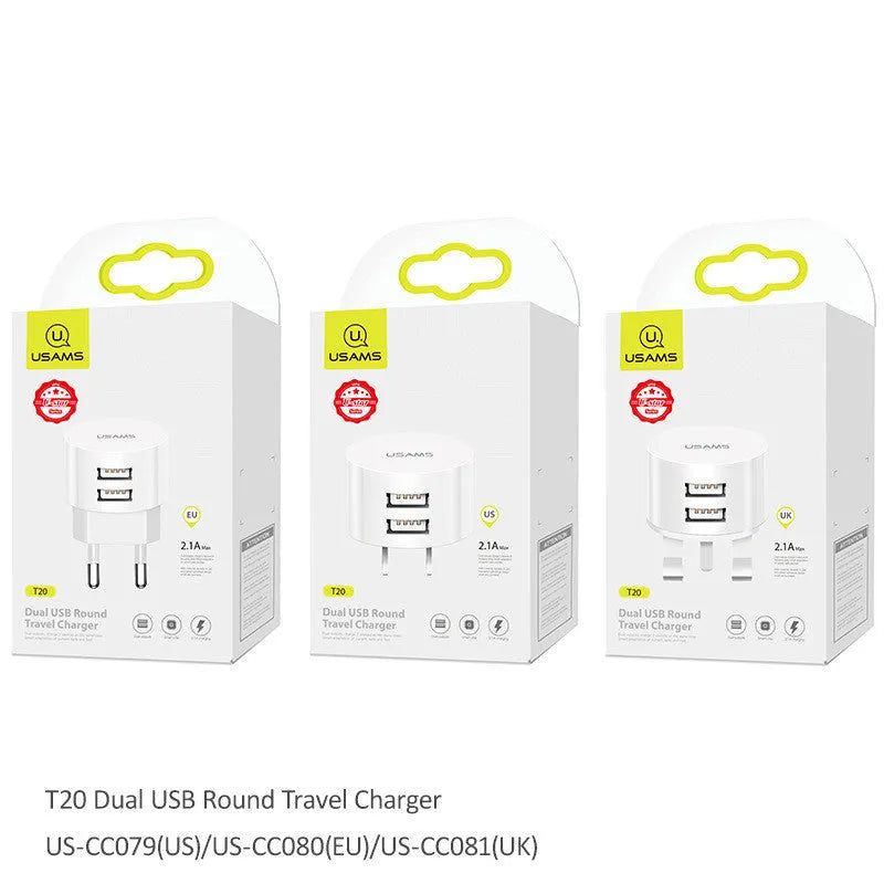 White dual USB phone charger with international plugs for US EU UK regions showing compact 39mm diameter design