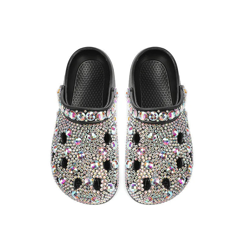 Black platform sandals for women with rhinestone decoration and EVA foam construction