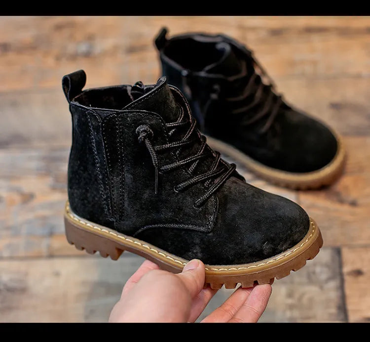 Black children's single boots with sheepskin upper and beef tendon sole, sizes 21-37, autumn footwear
