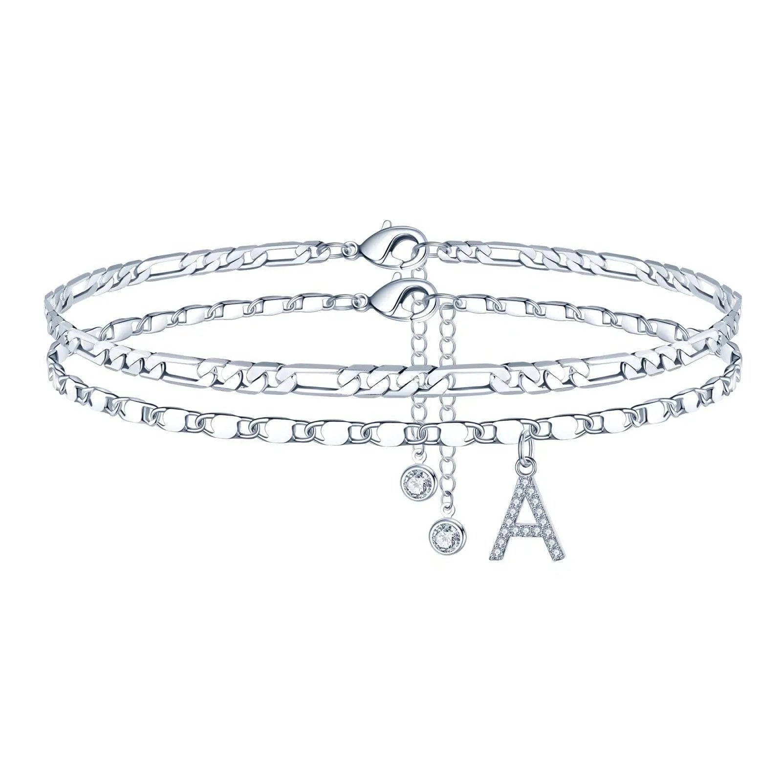 Copper double-circle bead anklet with silver colour finish showing customisable letter styling options
