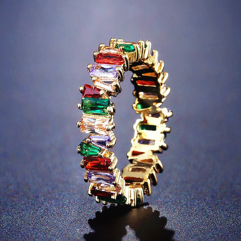 Women's geometric copper ring with micro inlaid AAA zircon in white gold plating, side view