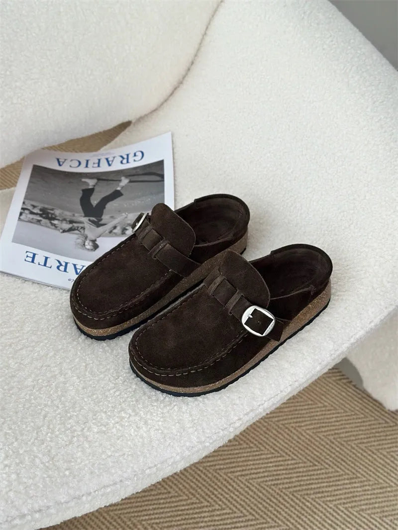 Unisex cow suede mule slippers with cork sole in sand gray colour, side view