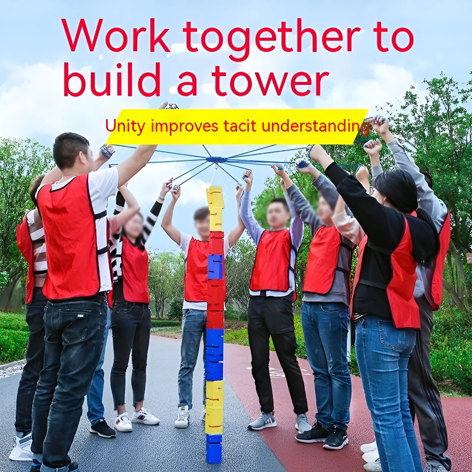 Team building game equipment with ABS plastic tower blocks and pull ropes for group collaboration challenges