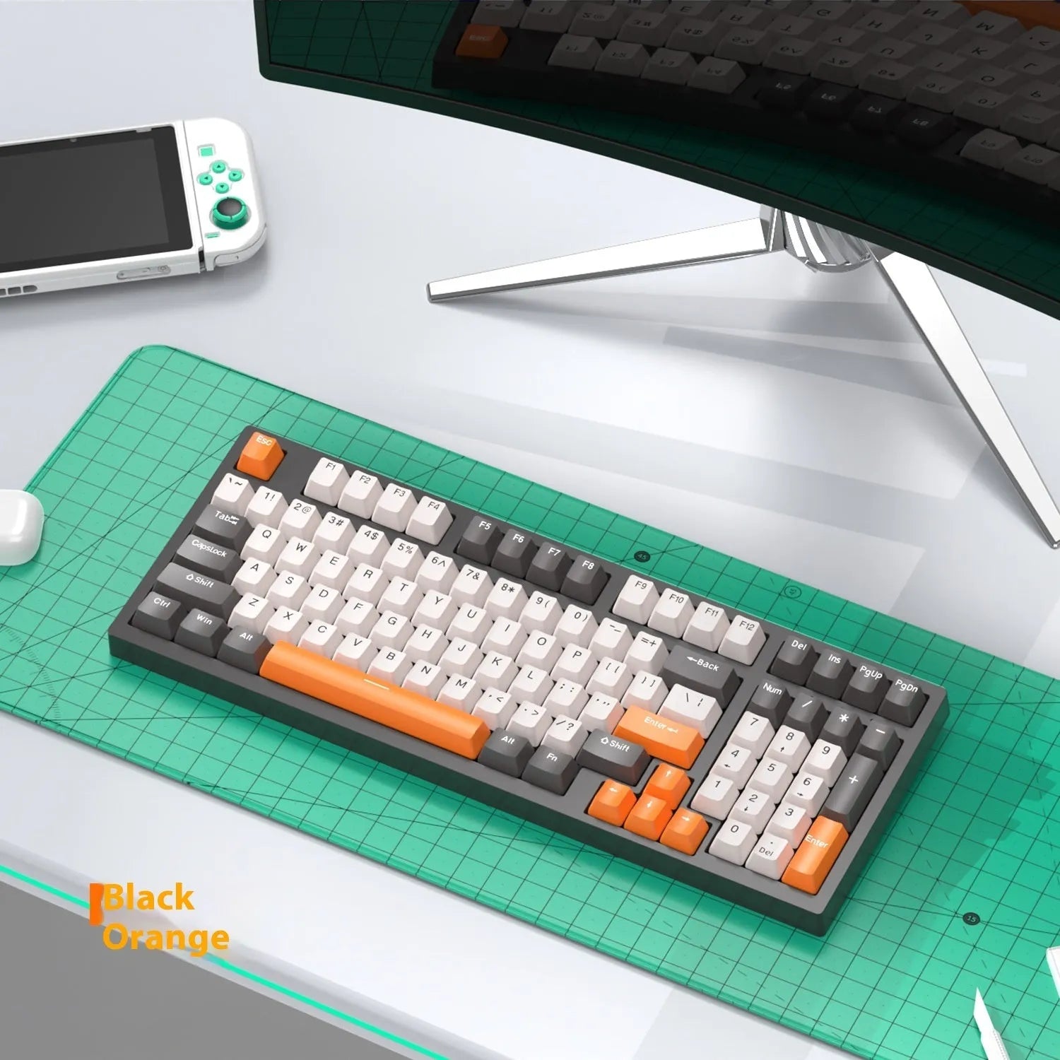 Custom mechanical keyboard and wireless mouse in selected colour option with backlight illumination.
