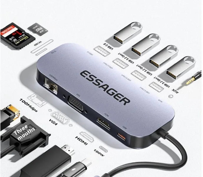 11-in-1 USB-C expansion hub showing multiple ports including Ethernet, HDMI, VGA, USB, and a card reader.