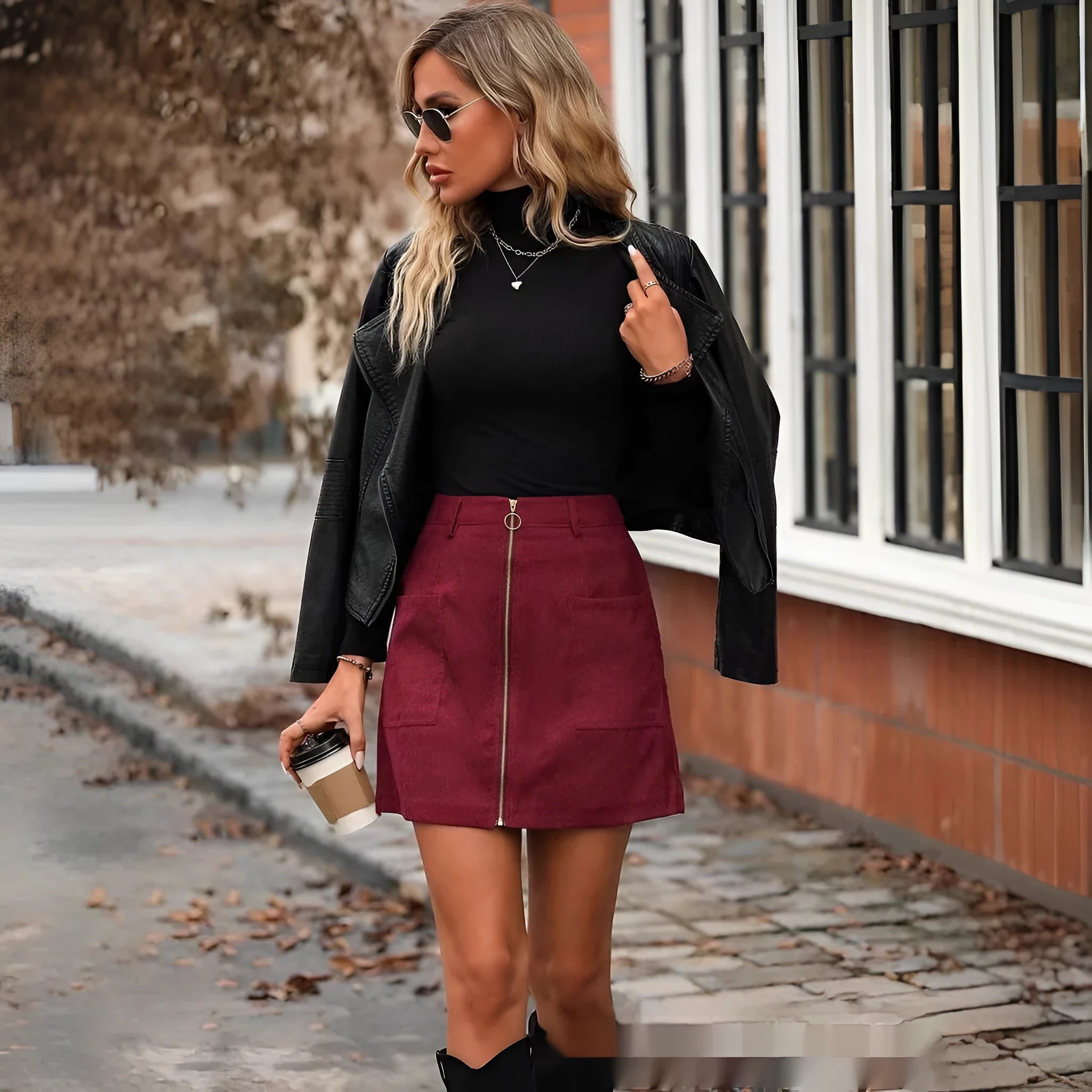 Women's black high-waist short skirt with a front zipper and button stitching detail.