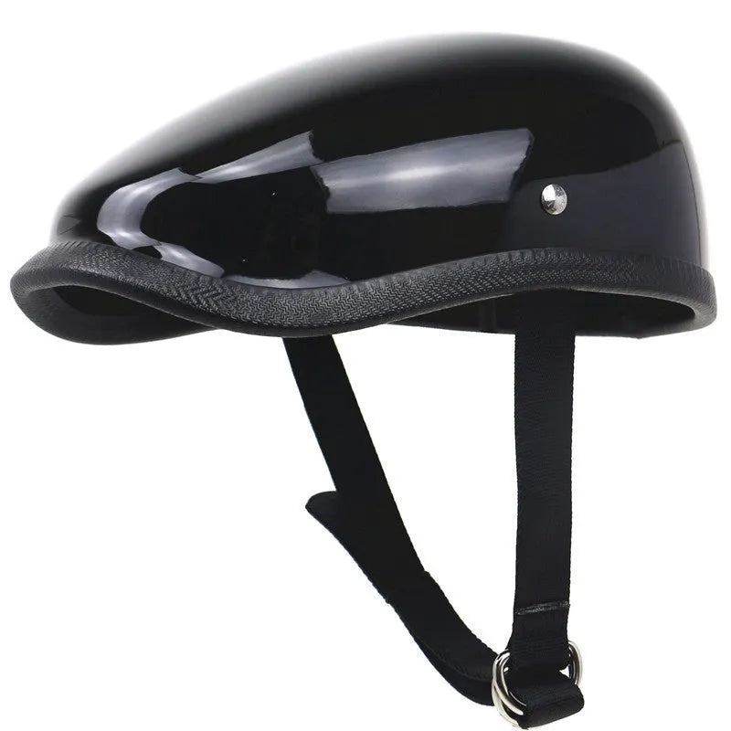 Japanese beret half helmet in bright black made from hand-made glass fibre reinforced plastic