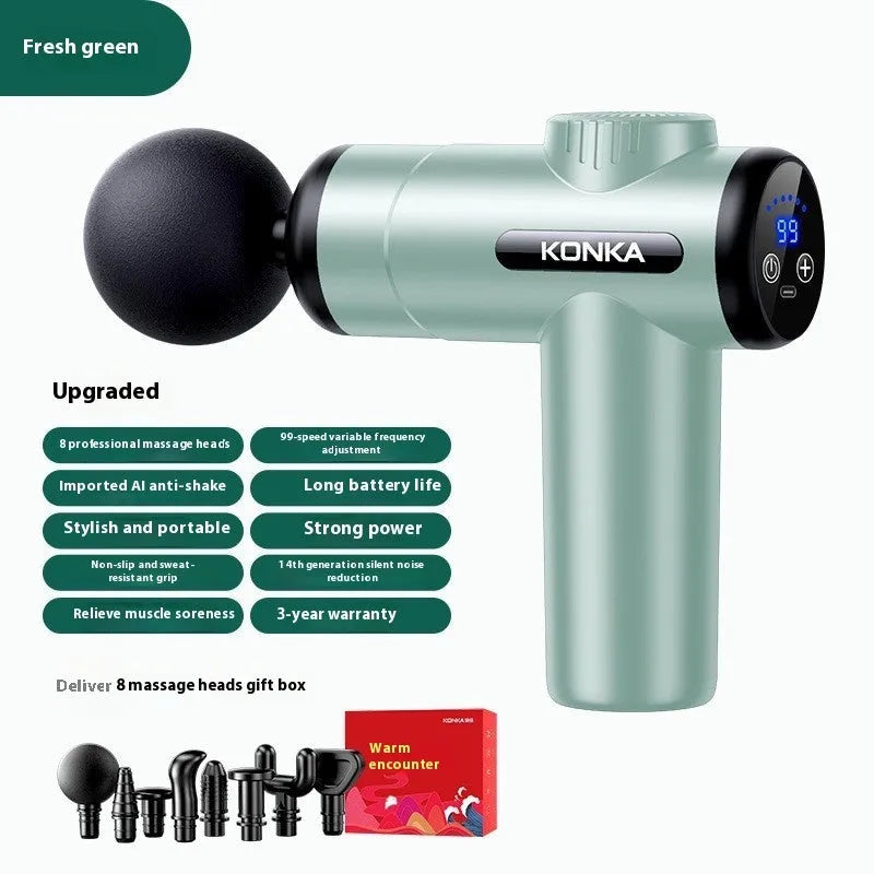 Konka V19 grey mini massage gun with set of eight different coloured massage heads on a table.