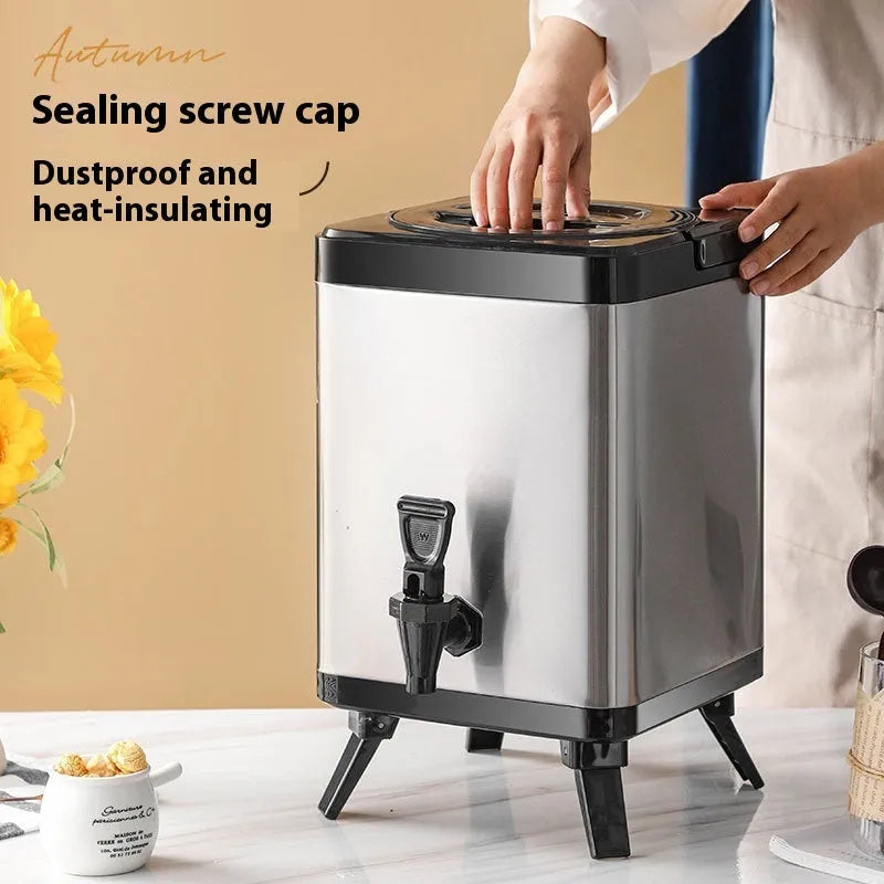Silver stainless steel milk tea bucket with square lock lid and 8L capacity