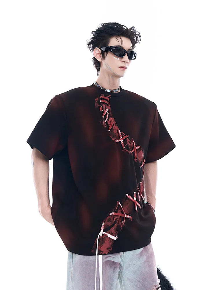 Men's red loose fit pure cotton T-shirt with drop-shoulder sleeves, American retro style, sizes S to XL