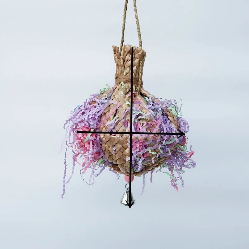 Parrot straw rope toy made from straw paper, approximately 15cm diameter and 23cm long