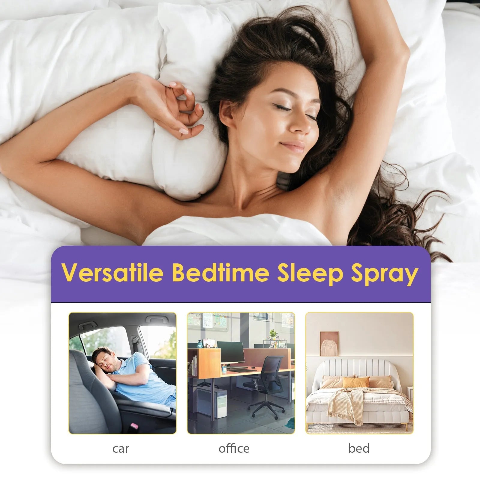 Lavender sleep spray 30ml bottle with spray nozzle on a calm bedroom background