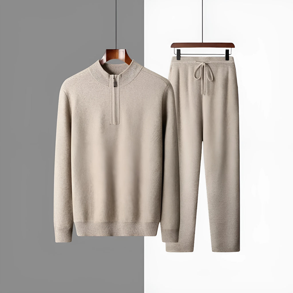 Men's seven-needle cashmere half-zip knit sweater in camel, dark gray or light gray, sizes S to XXXL