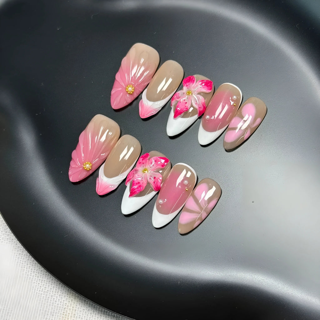 French style 3D fluid ice flower nail art designs on almond-shaped plastic armour pieces