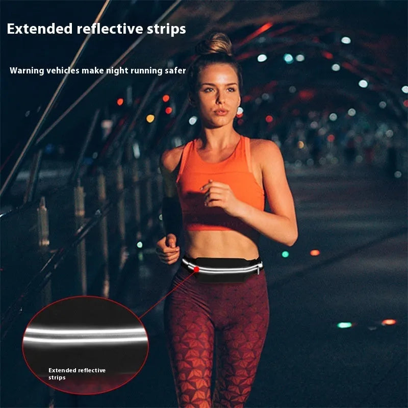 Lightweight waterproof running pouch with reflective strip in black, stretch fit design for waist