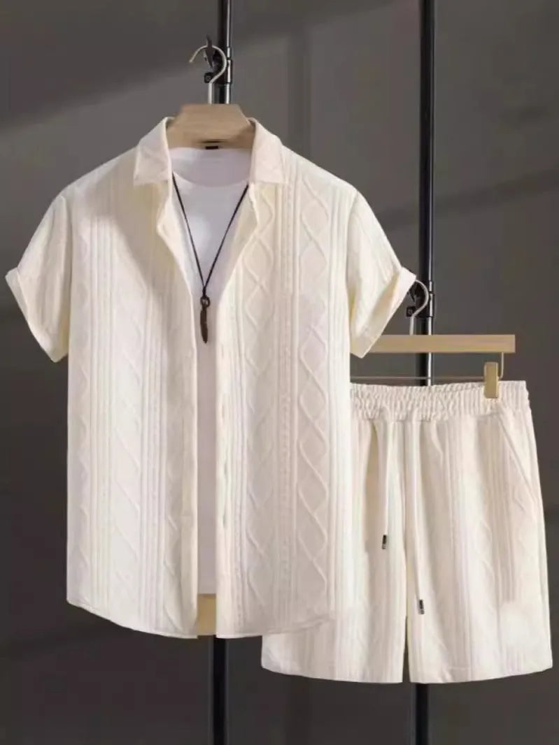 Jacquard short sleeve suit set in chemical fibre blend fabric showing top and matching trousers