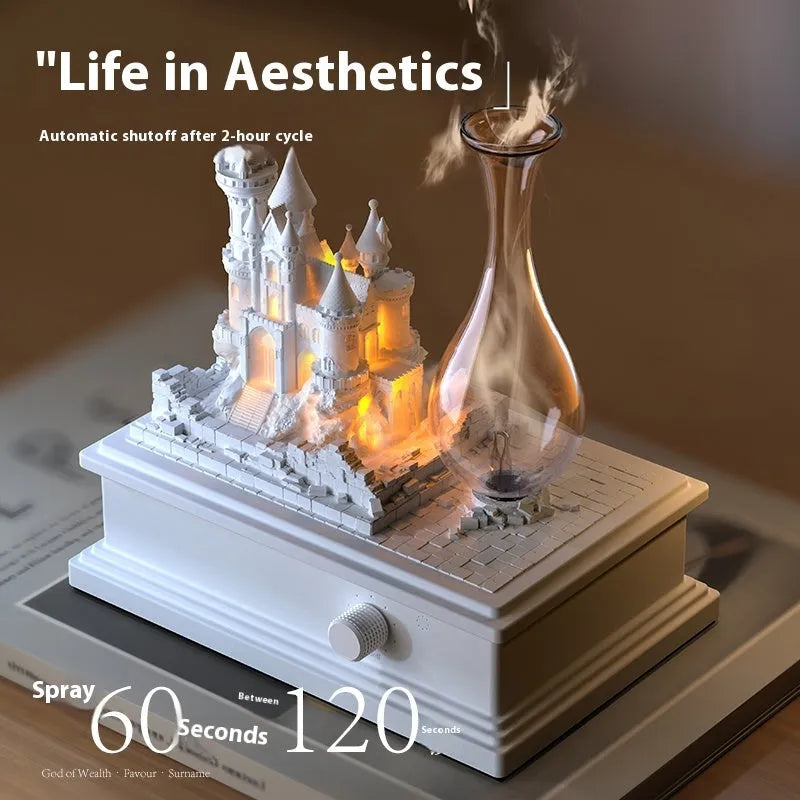White medieval castle-shaped waterless aromatherapy diffuser with ambient light on a table.
