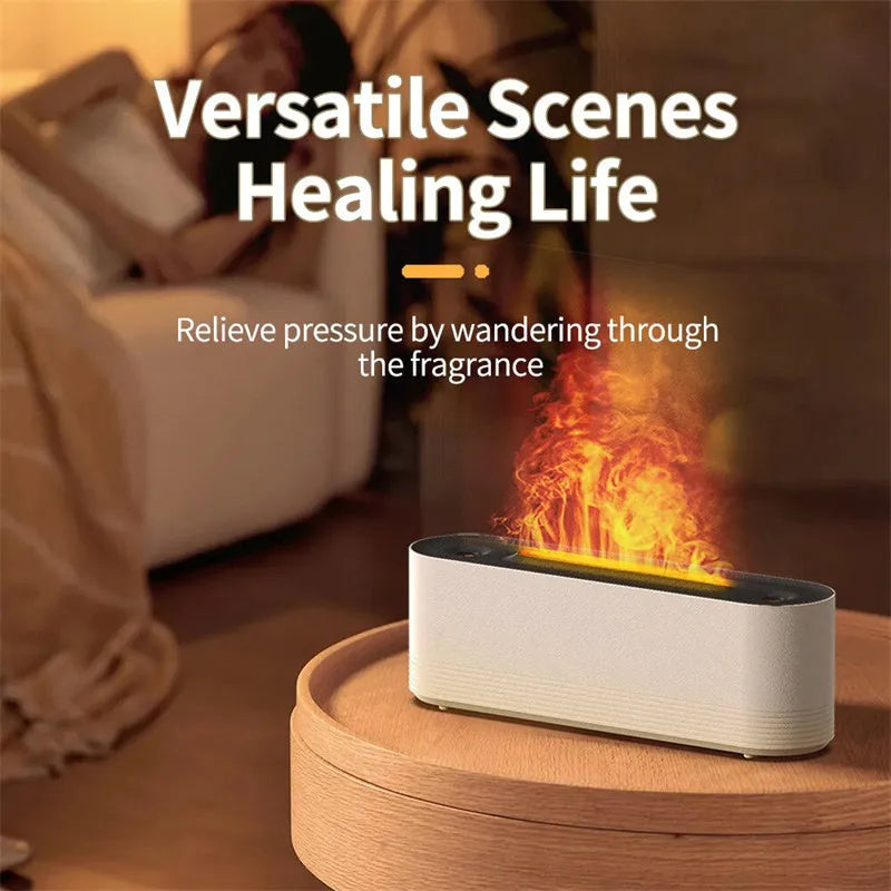 Black or white ultrasonic humidifier and aroma diffuser with LED lights creating flame mist effect.