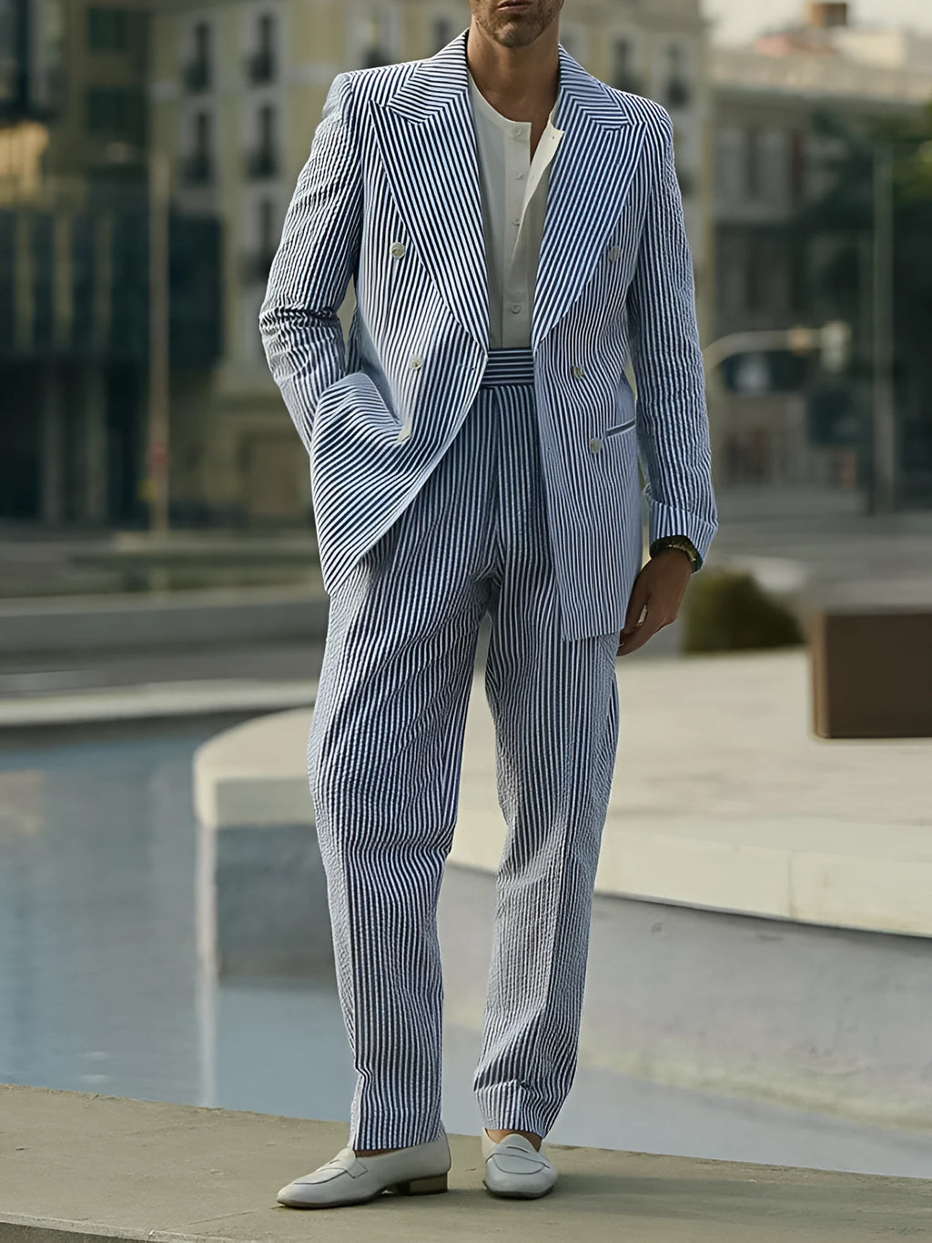 Men's blue and white striped polyester suit set with regular-fit blazer and trousers