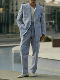 Men's blue and white striped polyester suit set with regular-fit blazer and trousers